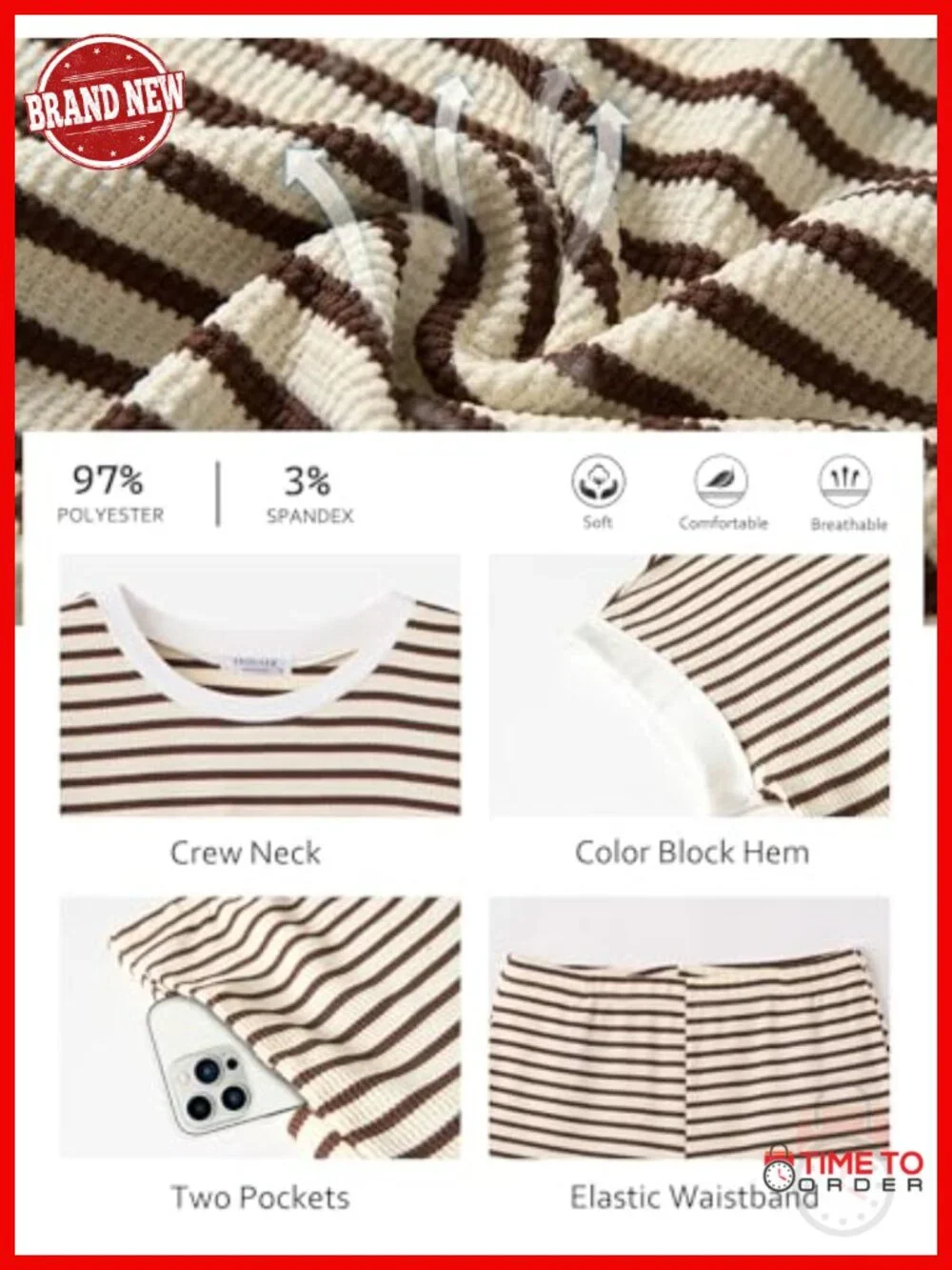 Waffle Knit 2 Piece Lounge Set - Striped T Shirt and Shorts Matching Set